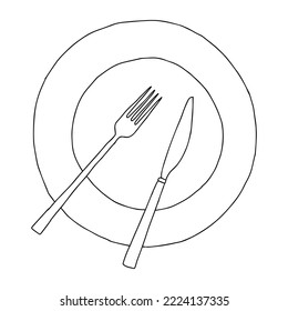 Black hand drawing outline flat vector illustration of tableware set isolated on a white background