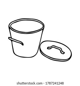 Black hand drawing outline illustration of a saucepan with lid for cooking isolated on a white background