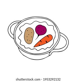A Black hand drawing outline illustration of a saucepan with colored vegetable in hot water for cooking isolated on a white background. Top view