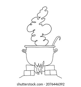 A Black hand drawing outline illustration of a pot with boiling soup is standing on the fire isolated on a white background