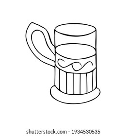 Black hand drawing outline vector illustration of a glass cup in a metal cup holder for hot tea or coffee isolated on a white background