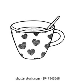 Black Hand drawing outline vector illustration of a cup of hot tea or coffee with a teaspoon and a scribble heart pattern isolated on a white background