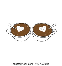 A Black Hand drawing outline vector illustration of pair of cups brown cappuccino with heart and spoons isolated on a white background