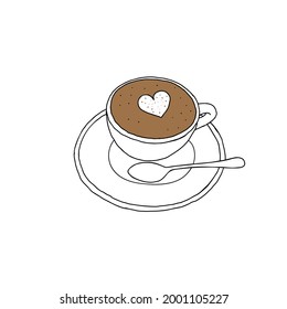 Black Hand drawing outline vector illustration of a cup of brown cappuccino with heart isolated on a white background