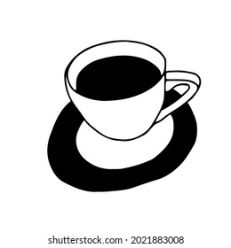 Black Hand drawing outline vector illustration of a cup of hot coffee or tea with a plate isolated on a white background