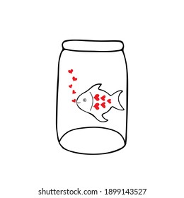 A Black hand drawing vector illustration of a glass jar with a fish and red hearts isolated on a white background