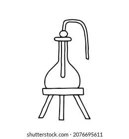Black hand drawing vector illustration of a glass empty bottle with a cork and tubes on the stool isolated on a white background for chemical experiments