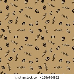 Black hand drawing vector seamless pattern of a group of coffee beans with lettering Coffee isolated on a beige background
