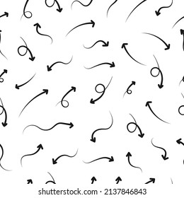 Doodles de flecha dibujados a mano negra con un patrón sin fisuras sobre fondo blanco.