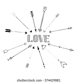 black hand drawn arrow frame with word love, vector illustration