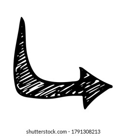 Black hand drawn arrow. Sketch of doodle arrow isolated on white background. Vector illustration.