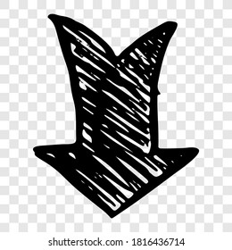 Black hand drawn arrow. Sketch of doodle arrow isolated on transparent background. Vector illustration.