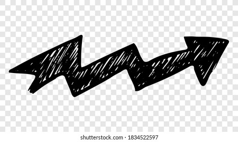 Schwarzer, handgezeichneter Pfeil. Skizze eines Doodle-Pfeils einzeln auf transparentem Hintergrund. Vektorgrafik.