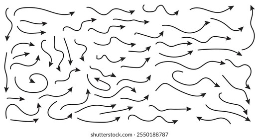 Conjunto de Vector de flecha dibujado a mano negro aislado sobre fondo blanco.