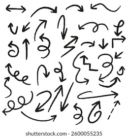 Black Hand drawn arrow vector icons sing and symbol set. Sketch arrow design for business plan and education. Set of arrows black icons. Circle arrows, rotate arrow, redo process symbol.
