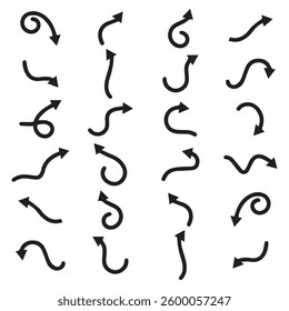Black Hand drawn arrow vector icons sing and symbol set. Sketch arrow design for business plan and education. Set of arrows black icons. Circle arrows, rotate arrow, redo process symbol.