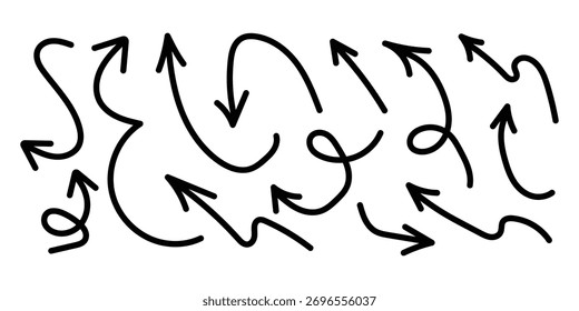 Vector de icono de flechas dibujadas a mano negras. Boceto de Doodle curvado y símbolo de flechas tortuosas. Ilustración vectorial.