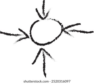 black hand drawn arrows on white background pointing to drawn black circle, clip art isolated on transparent background, stock vector