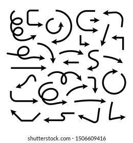 Schwarze, handgezeichnete Pfeile. Satz Doodles einzeln auf weißem Hintergrund. Vektorgeschwungene Pfeile.