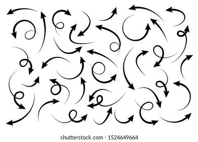 Black Hand Drawn Arrows Set on White Background. Arrow, Cursor Icon. Vector Pointers Collection. Back, Next Web Page Sign. 