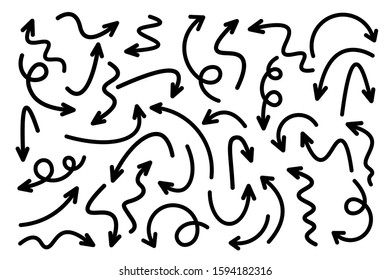 Black Hand Drawn Arrows Set on White Background. Arrow, Cursor Icon. Vector Pointers Collection. Back, Next Web Page Sign. 