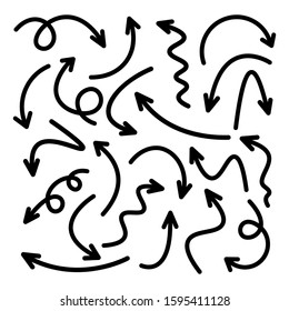 Black Hand Drawn Arrows Set on White Background. Arrow, Cursor Icon. Vector Pointers Collection. Back, Next Web Page Sign. 