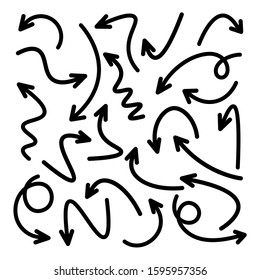 Black Hand Drawn Arrows Set on White Background. Arrow, Cursor Icon. Vector Pointers Collection. Back, Next Web Page Sign. 