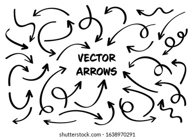 Black Hand Drawn Arrows Set on White Background. Arrow, Cursor Icon. Vector Pointers Collection. Back, Next Web Page Sign. 