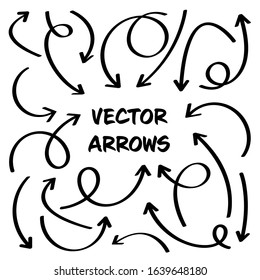 Black Hand Drawn Arrows Set on White Background. Arrow, Cursor Icon. Vector Pointers Collection. Back, Next Web Page Sign. 