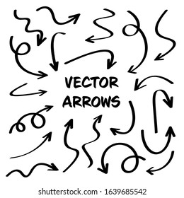 Black Hand Drawn Arrows Set on White Background. Arrow, Cursor Icon. Vector Pointers Collection. Back, Next Web Page Sign. 