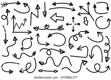 Black Hand Drawn Arrows Set on White Background. Arrow, Cursor Icon. Vector Pointers Collection. Back, Next Web Page Sign.