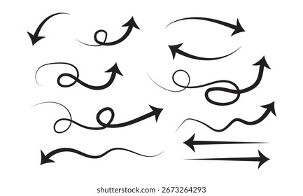 Black hand drawn arrows set on white background