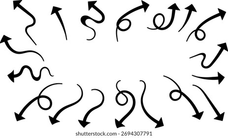 Conjunto de flechas dibujadas a mano negras Iconos de vector de dibujo de garabatos, punteros de dirección curvada, Elementos de arte de línea de pincel