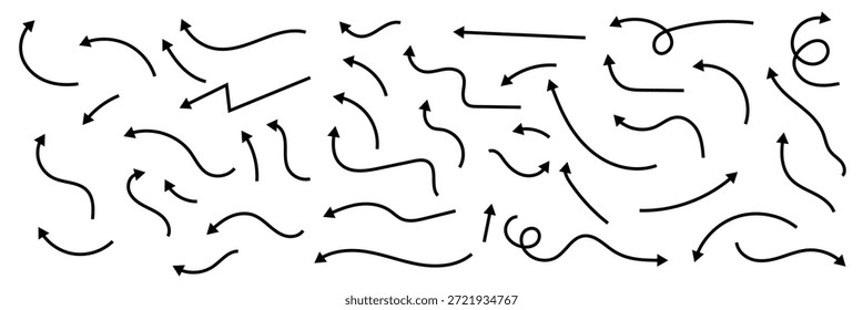Flechas dibujadas a mano negras fijadas Vector. Doodle sketch flechas curvas y tortuosas para infografía, presentación y diseño de resaltado.