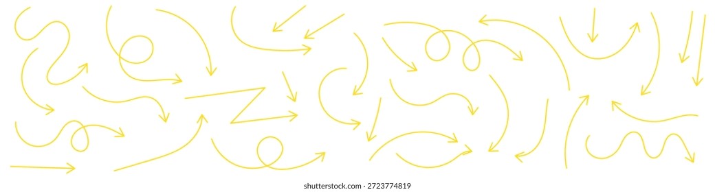 Flechas dibujadas a mano negras fijadas Vector. Doodle sketch flechas curvas y tortuosas para infografía, presentación y diseño de resaltado.