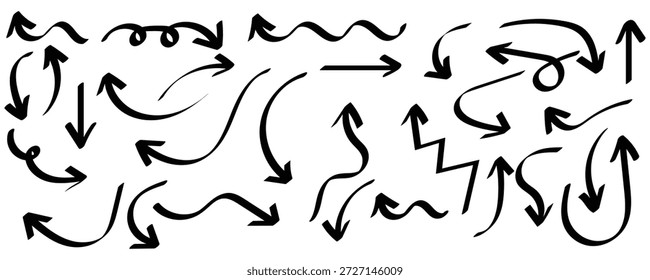 Schwarze handgezeichnete Pfeile setzen Vektor. Doodle Pfeilskizze gekrümmt und wirbelnd Pfeile für infografische Präsentation .Viele Vektorkurven Pfeil und Squiggly Pfeile Doodle-Set. Kurven- und Spiral-Comic-Symbole im Skizzenstil. 
