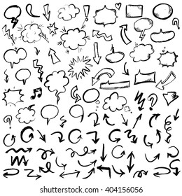 Black Hand Drawn Arrows And Speech Bubbles Set, Isolated on White Background, Vector Illustration