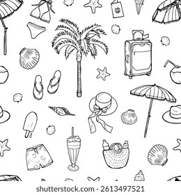 Black Hand Drawn Beach Items Pattern, White Background, Vacation Design