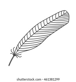 Black hand drawn boho feather. Doodle tribal ornamental black feather. Black natural bird feather. Decorative feather vintage art graphic vector. Feather isolated icon.