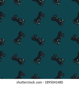 Black hand drawn bones silhouettes seamless animal pattern. Dogs food snack on dark turquoise background. Stock illustration. Vector design for textile, fabric, giftwrap, wallpapers.