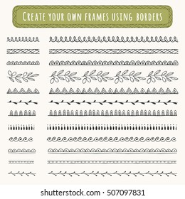 Black hand drawn borders and dividers. Ink and brush vector illustration.