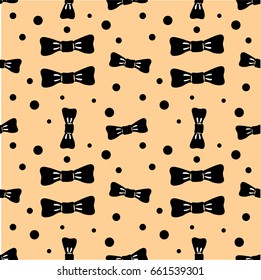 Black hand drawn bows and circles on pink background seamless pattern.