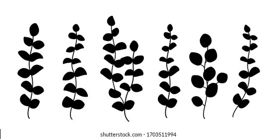 black hand drawn branches with leaves silhouette set