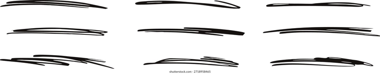 Conjunto de subrayado de trazo de pincel dibujado a mano negro con textura de tinta rugosa. Líneas caligráficas Abstractas para énfasis de texto, resaltado, divisores y proyectos de Diseño gráfico modernos.