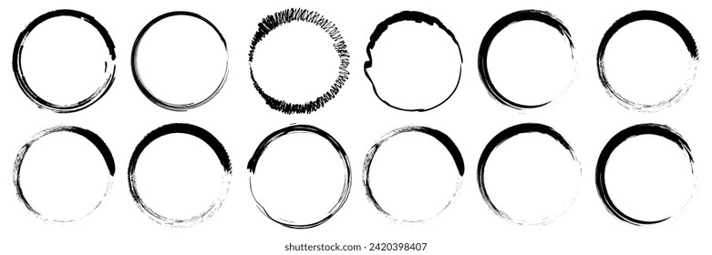 Black hand drawn brushes vector pack. Grunge brush round border shapes set. Vector illustration.