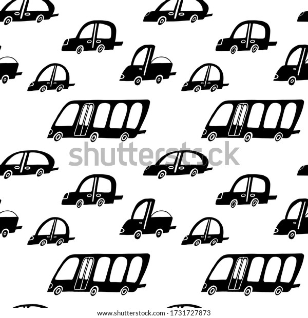 Black hand drawn cars and bus on white background,\
seamless vector pattern. Baby, children boy print for textile,\
apparel, fabric. 