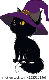 Black hand drawn cartoon cat in lilac witch hat. Tomcat looks to the side with his yellow eyes. Fluffy tail goes around paws. Spooky Halloween symbol icon isolated on white.