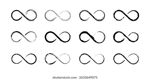 Black hand drawn chalk and charcoal infinity symbols set on a white background. Vector
