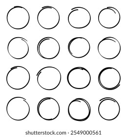 Conjunto de círculo dibujado a mano negro. Dibujar a lápiz o dibujar círculos aislados sobre fondo blanco.