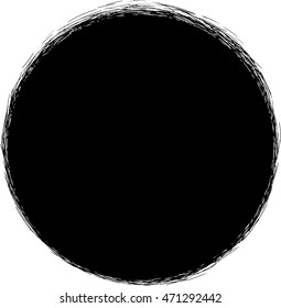 Black hand drawn circle with small scribble strokes outside border. Vector design element